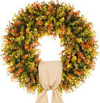 Vlorart 20 Inch Fall Wreaths for Front Door, Handmade Fall Boxwood Wreath with Cream Linen Sash, Waterproof and UV Resistant Outdoor Autumn Wreath for Farmhouse Porch, Window and Thanksgiving Decor by Vlorart
