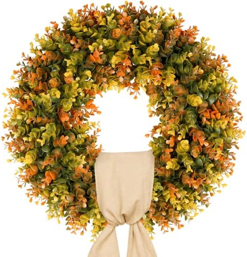 Vlorart 20 Inch Fall Wreaths for Front Door, Handmade Fall Boxwood Wreath with Cream Linen Sash, Waterproof and UV Resistant Outdoor Autumn Wreath for Farmhouse Porch, Window and Thanksgiving Decor by Vlorart