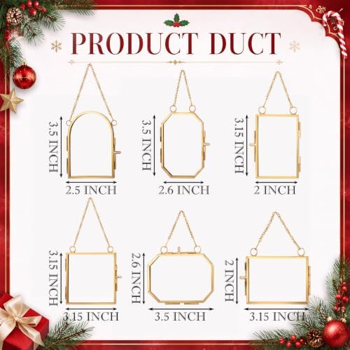 Qunclay 6 Pcs Christmas Brass Picture Frame Ornaments 6 Sizes Xmas Metal Double Glass Hanging Photo Frame with Metal Chain for Christmas Tree Decoration (Gold, 6 Styles) - Image 2