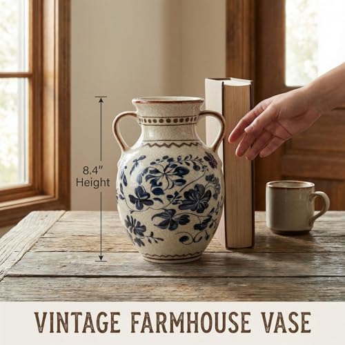 EFISPSS Ceramic Vintage Vase,Spring Decor Unique Chinese Crackle Floral Handle for Dining Room Mantle Living Room,Blue - Image 2