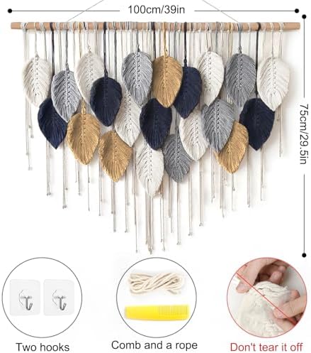 Large Macrame Wall Hanging Boho Leaf Feather Woven Tapestry 39"W x 29.5" L - Image 3