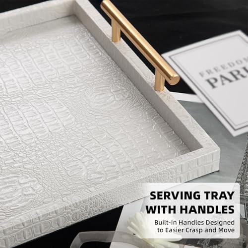 Modern Elegant Large Wood Serving Tray, Set of 2 Pearl White Crocodile Leather with Gold Polished Metal Handles, Home Decorative Rectangle Ottoman Platter Living Room Bathroom Vanity Tray - Image 4