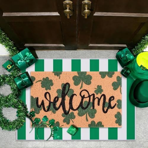 2 Pcs St. Patrick's Day Doormat Shamrock Pattern Welcome Door Mat Non Slip Coir Mat White & Green Striped Layering Mat for St. Patrick's Day Front Door Porch Entryway Decor 23.6 x 31.5 Inch - Image 4