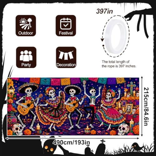 Mexican Day of the Dead Garage Door Banner 7x16ft, Dia de los Muertos Mariachi Skeleton Band Outdoor, Sugar Skull Folklorico Dancing Double Garage Door Cover Tapestry Mural for House Front Holiday - Image 2