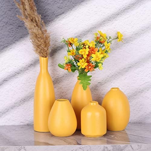 Yellow Ceramic Bud Vases Set of 5, Farmhouse & Fireplace Decor, Multipurpose Home Decoration for Living Room, Entrance, Bathroom, Kitchen & Office, Coffee Table Decor, Bulk Bud Vases - Image 5