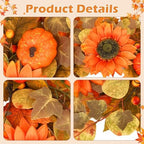 24 Inch Fall Wreath for Front Door, Autumn Harvest Wreaths with Yellow Leaves, Sunflower, Orange Pumpkin, Artificial Wreath for Indoor Outdoor Porch Thanksgiving Home Farmhouse Decorations - Image 7