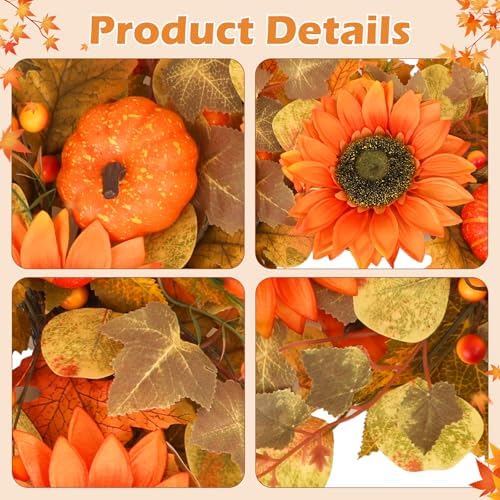 24 Inch Fall Wreath for Front Door, Autumn Harvest Wreaths with Yellow Leaves, Sunflower, Orange Pumpkin, Artificial Wreath for Indoor Outdoor Porch Thanksgiving Home Farmhouse Decorations - Image 7
