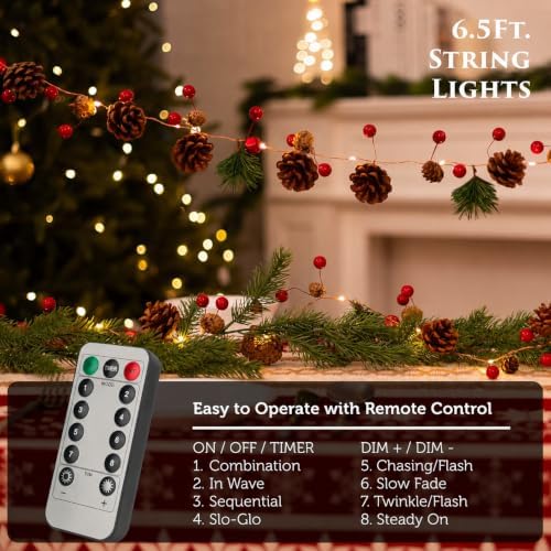 Christmas Garland with Lights, 6.7Ft 20 LEDs Pine Cone Battery Operated Garland with Lights, Christmas Fairy Lights with 8 Modes, Red Berry Xmas Garland Indoor Outdoor for Tree Decor(2pack) - Image 5
