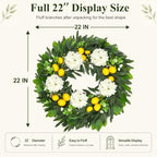 22 Inch Lemon Wreath for Front Door, Spring Summer Wreaths for Outside with White Hydrangeas and Greenery, Artificial Citrus Floral Wreath for Farmhouse Porch Wall Window Kitchen Decor - Image 4
