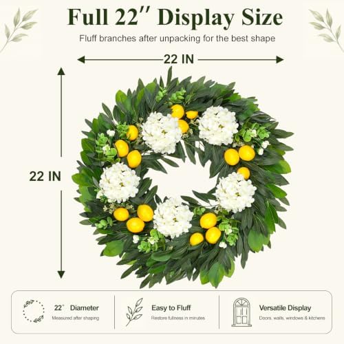 22 Inch Lemon Wreath for Front Door, Spring Summer Wreaths for Outside with White Hydrangeas and Greenery, Artificial Citrus Floral Wreath for Farmhouse Porch Wall Window Kitchen Decor - Image 4