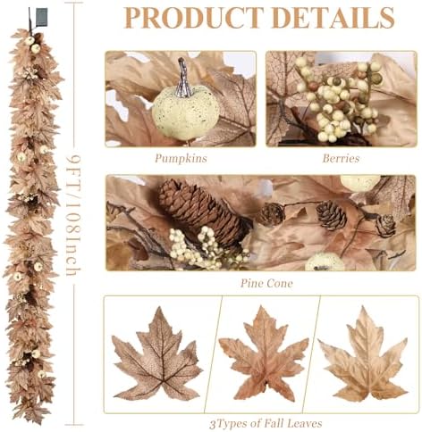 9 FT Lighted Fall Garland with Lights Autumn Automatic ON/Off Timer - Image 4