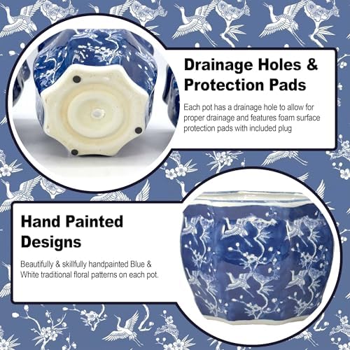Galt International White & Blue Crane Round Fluted Floral Porcelain Ceramic Plant Flower Planter Pot Set of 3 (7.5", 10", 13") Garden Pots Chinese Asian Design - Image 4