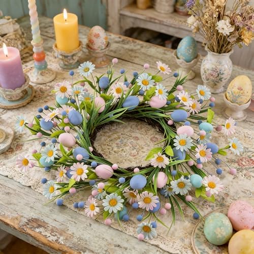 Spring Easter Wreaths for Front Door in 16 inch, Artificial Daisy Easter Egg Decorative,Farmhouse Spring Decorations, Front Door, Wall, Wedding, Easter,Spring(Blue&Pink) - Image 4