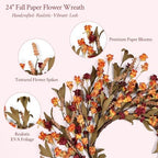 24in Fall Wreaths for Front Door Handcrafted Paper Flower Wreath - Image 4