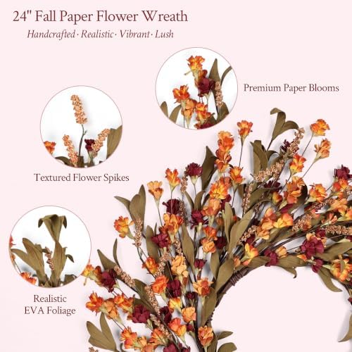 24in Fall Wreaths for Front Door Handcrafted Paper Flower Wreath - Image 4