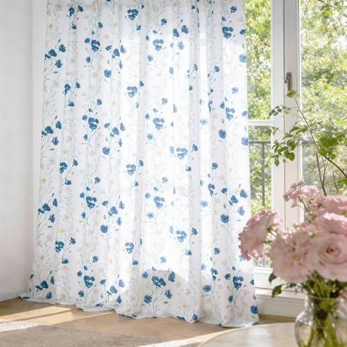 youleyar Floral Curtains 72 Inches Long for Living Room 2 Panels Printed Pattern Curtain Rod Pocket Spring Summer Watercolor Blue and White Floral Window Drapes for Girls Bedroom, 52" W x 72" L - Image 7
