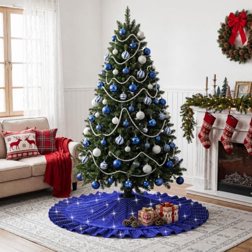 Blue Christmas Tree Skirt 60 Inches Sparkle Velvet Tree Skirt for 9FT Tree - Image 2