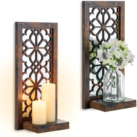 Wall Candle Holder Set of 2 with RealMirror, Distressed Brown by Walasis