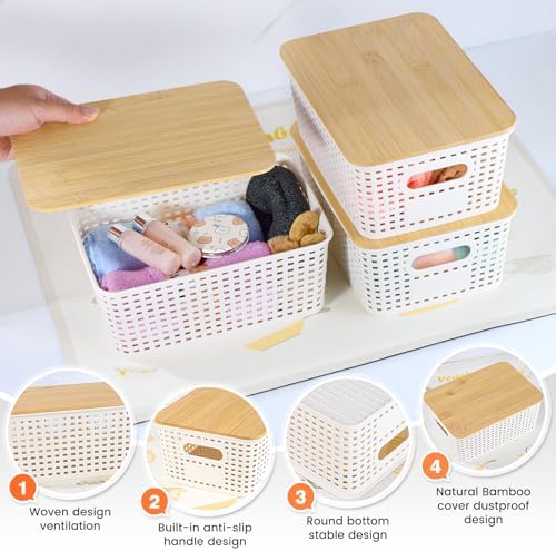 Ohmlove 6 Pack Plastic Storage Baskets with Bamboo Lids for Organization - Image 3