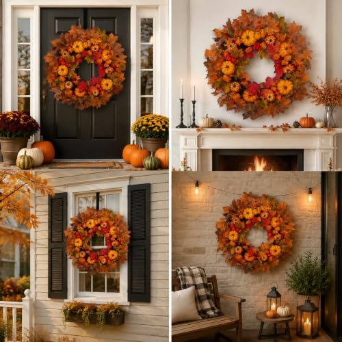 24 Inch Thanksgiving Fall Wreath, Autumn Wreaths for Front Door Halloween Wreath with Pumpkin Red Lantern Fruit Maple Leaves for Home Outside Indoor Wall Window Festival Fall Decorations - Image 5