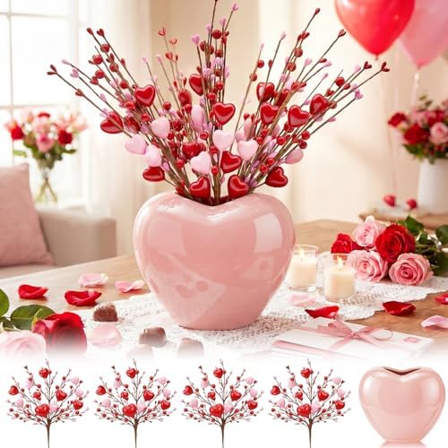 Youyole Heart Vase Set with 4 Red Berry Stems, 6.5" Heart-Shaped Ceramic Vase with Artificial Berry Branches, Romantic Table Centerpiece Decor for Couples, Home, Office & Gift(Pink) by Ajaredlulu