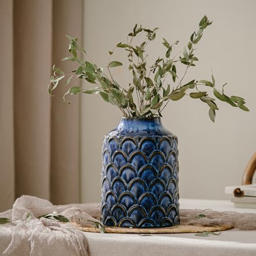 Ceramic Flower Vase, 7.28” Vintage Blue Pottery Vase for Home Decor, Rustic Textured Vase for Pampas Grass, Living Room, Entryway, Mantel, Kitchen Table, Centerpiece - Image 2