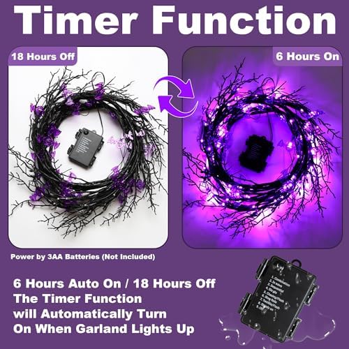 9 FT 72 LED Halloween Willow Vine Twig Decor Garland With Bats Purple Lights - Timer & 8 Modes - Battery Operated Lights for Indoor Decorations, Home, Mantle, Fireplace - Image 4