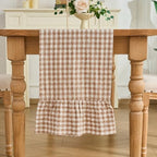 Taupe Gingham Plaid Ruffle Table Runner 108 Inches Long, 100% Washed Cotton Double Layer Farmhouse Dining Decor for Holiday, Home Party Wedding, 13 x 108 inches - Image 2
