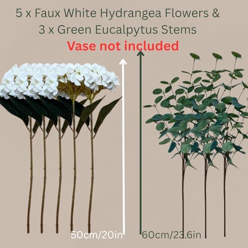 Real Touch White Faux Hydrangea And Eucalyptus Arrangement, Faux Floral Arrangements, Hyper Realistic Artificial Flowers, White Centerpieces For Kitchen Dining Coffee Table Decor (Vase Not Included) - Image 5
