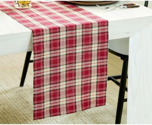 Solino Home 100% Pure Linen Table Runner Burgundy Tartan Plaid, 14 x 132 in - Image 2