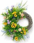 Wildflower Spring Wreath for Front Door, Asymmetrical Artificial Floral Wreath with Orchid, Daisy, Eucalyptus & Mixed Greenery, Farmhouse Summer Door Decoration, Large Outdoor Indoor Wall Decor by WEYANZE