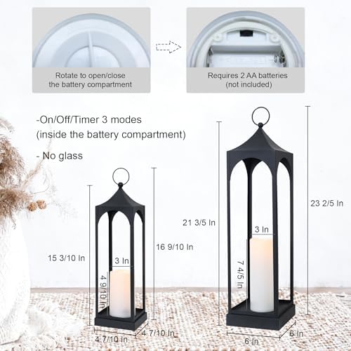 LED Lanterns Decorative Outdoor&Indoor, 23'' 16‘’ Large Black Lanterns Set with 2 Flameless Candles, Metal Holders for Porch, Patio, Garden, Home, Fireplace, Spring Decorations Decor - Image 4