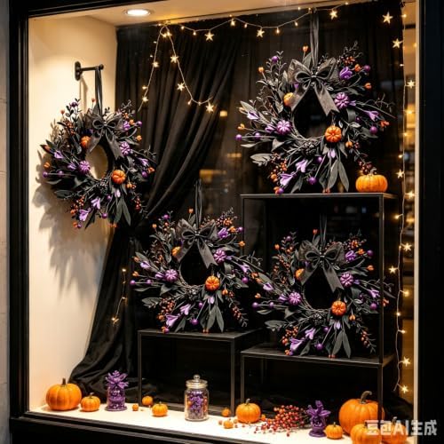 6 Pcs Small Halloween Hanging Wreaths with Black Foliage Purple Berries Orange Mini Pumpkins Purple Flowers Decor Balls Black Sheer Ribbon Gothic Mini Cabinet Wreath for Halloween Party Decor - Image 6