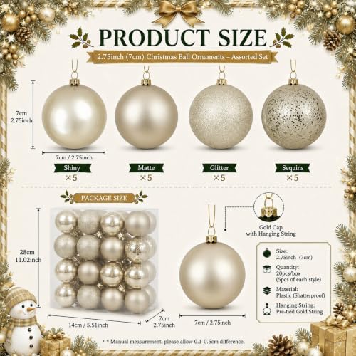 Soulchen 20 Pcs Champagne Christmas Ball Ornaments 2.75" Shatterproof Decor - Image 2