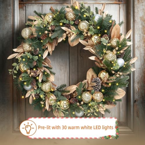 24 Inch Lighted Christmas Wreath with 30 Warm White LEDs and Timer, Battery Operated Pre-Lit Artificial Wreath with Pinecones, Ornaments and Gold Leaves for Front Door - Image 6