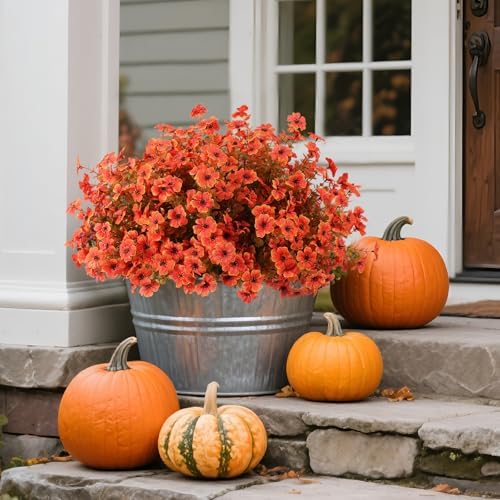 Hananona 24 Pcs Artficial Outdoor Flowers with Hanging Baskets, Orange Fall mums 2 Pack Hanging Planter with Outdoor Fall Flowers for Autumn Porch Garden and Home Patio Yard Decor (2, Orange) - Image 6