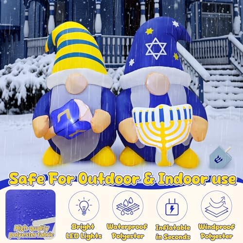 4FT Hanukkah Decorations Outdoor Inflatable Gnome Couple Hold Menorah Dreidel Built-in LED Lights, Chanukah Decorations for Home, Hanukkah Blow Up Yard Decoration for Lawn Garden Holiday Party - Image 3