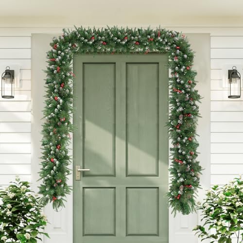 Christmas Garland with Prelit 9ft Christmas with 50 Warm White Lights, Pulg in, Snow PVC Mixed PE Pine Cones Red Berry Garland Xmas Decor for Stairs Wall Door Indoor Outdoor - Image 6