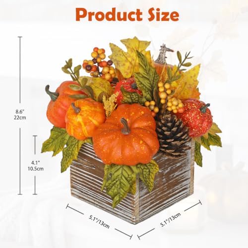Artificial Pumpkins Fall Centerpiece for Table In Rustic Square Wooden Box - Image 2