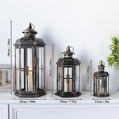 JHY DESIGN Set of 3 Decorative Candle Lanterns 20''&14"&10" H Outdoor Candle Lanterns Vintage Metal Cand leholder for Indoor Outdoor, Events, Parities and Weddings(Black with Gold Brush) - Image 3