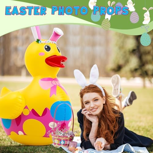 Hungdao 1 Pc 4 ft Easter Inflatable Duck Float Large Blow up Ducks Giant Rubber Duckies with Bunny Ears for Easter Party Decorations Prop Pool Yard Decoration,air Pump Not Included - Image 4