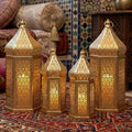 VELA LANTERNS 4ct Golden Tower Temple Moroccan Lantern Lamp Decorative Candle Holders for Ramadan Decorations, Hanging, Outdoor Patio or Porch, Indoor Home Decor, Gold, 2-11" Small, 2-15" Large by VelaCandleLanterns