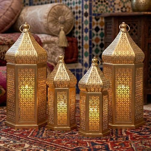 VELA LANTERNS 4ct Golden Tower Temple Moroccan Lantern Lamp Decorative Candle Holders for Ramadan Decorations, Hanging, Outdoor Patio or Porch, Indoor Home Decor, Gold, 2-11" Small, 2-15" Large by VelaCandleLanterns