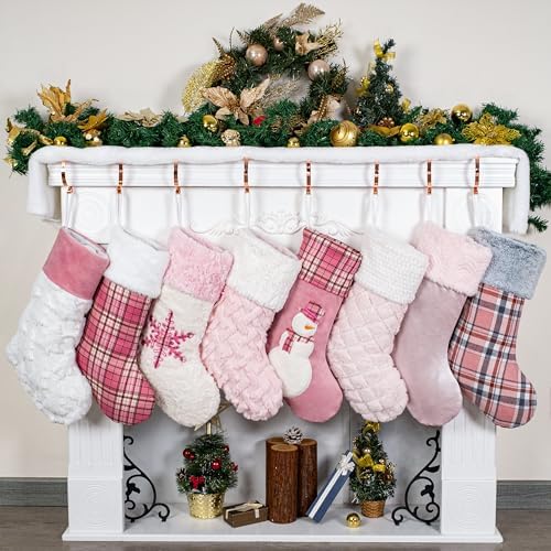 GEX Pink Plush Christmas Stockings for Family 20" Large Pink Plaid Xmas Stockings Classic Fireplace Decorations Hanging Ornament (8 Pack) by GEXWorldwide