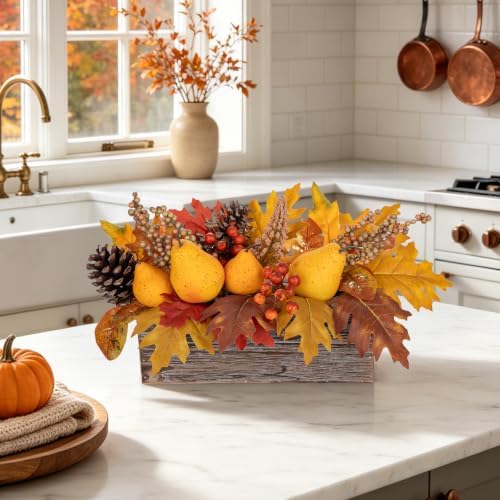 9" Artificial Fall Centerpiece with Golden Pears, Pinecones, Maple Leaves - Image 4