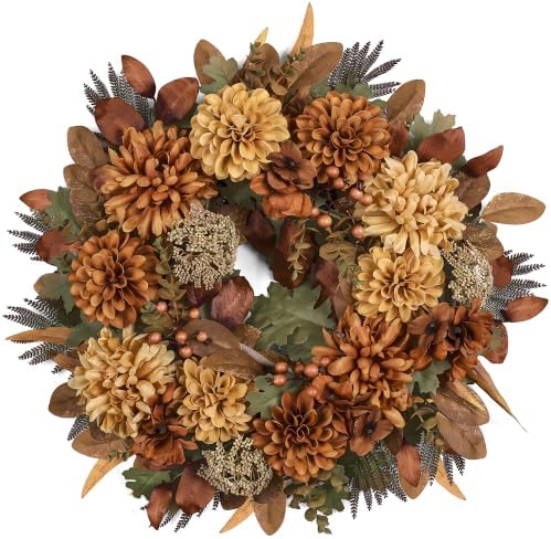 24" Fall Wreaths for Front Door with Mums Dahlias Queen Anne's Lace by MDSTBN