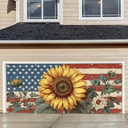 16x7FT Patriotic Garage Door Banner, Ameri-ca Flag with Sunflower Vintage Design, Extra Large Outdoor Garage Door Cover for Independence Day and Home Decor by THISFIND