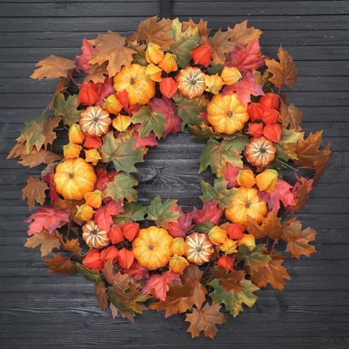 24 Inch Thanksgiving Fall Wreath, Autumn Wreaths for Front Door Halloween Wreath with Pumpkin Red Lantern Fruit Maple Leaves for Home Outside Indoor Wall Window Festival Fall Decorations by DFRRENChristmasWreaths