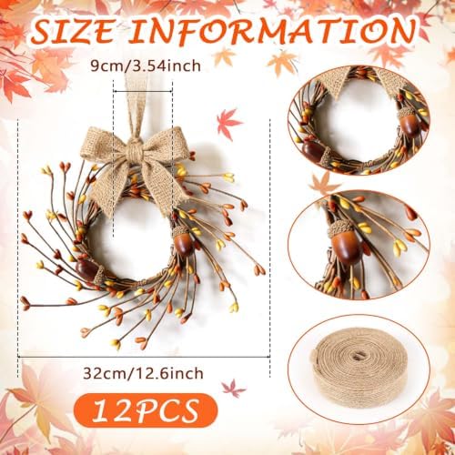 12 Pcs Small Fall Hanging Wreaths with Artificial Acorns Autumn Yellow Orange Berry Buds Mini Cabinet Wreath for Home Table Centerpieces Kitchen Farmhouse Thanksgiving Party Decor - Image 2