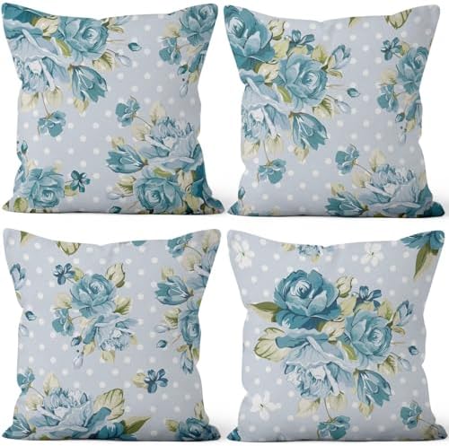 Green Flower Throw Pillow Covers 24"x24" Set of 4, Countryside Floral Sofa Cushion Cover for Chair Couch Bed Living Room Office Car Garden Patio Farmhouse Indoor Outdoor Decorative by VieSavaran